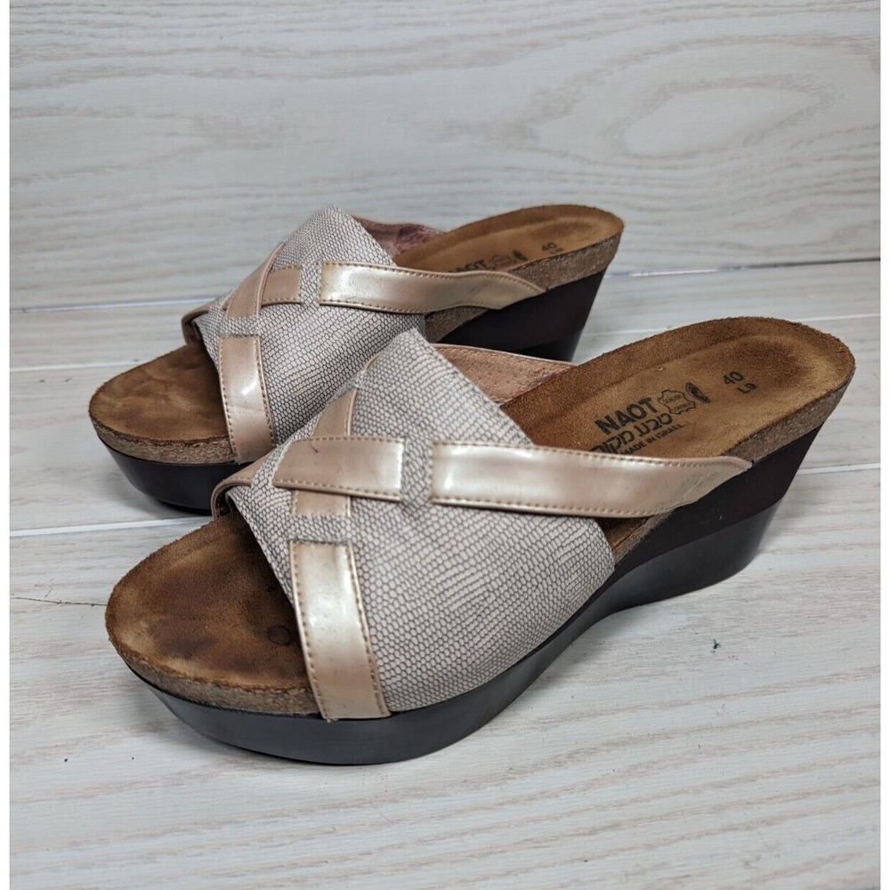 NAOT Eva Wedge Tan Beige Platform Sandals Slides Sz 9 EU 40